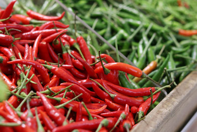 Close-up of red chili peppers for sale in market