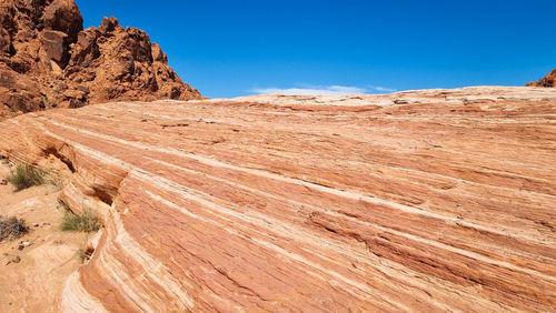 Scenic view of desert against clear blue sky