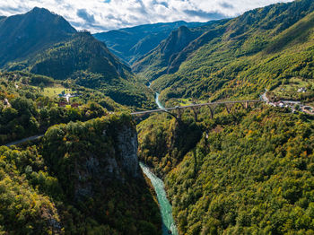 High angle view of trees and mountains