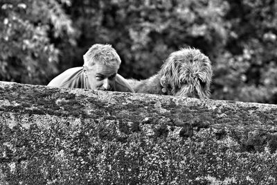 Man with irish wolfhound peeking from retaining wall