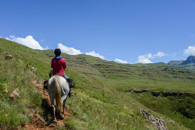 Rear view of man riding horse on field against sky