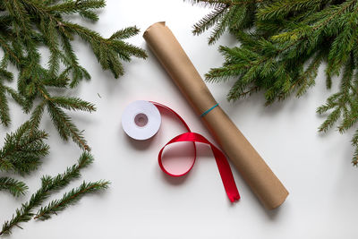 High angle view of christmas decorations on table