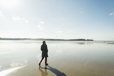 Rear view of man standing at beach against sky