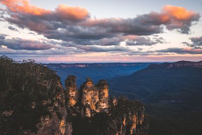 Scenic view of mountains against sky during sunset