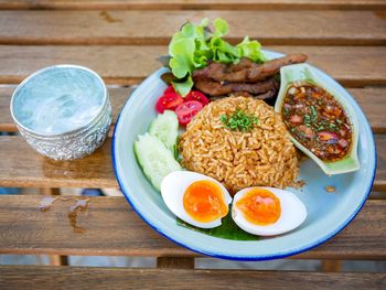 High angle view of breakfast served on table