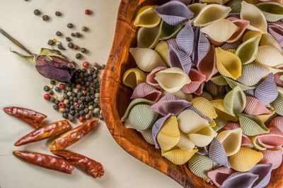 High angle view of dried food on table