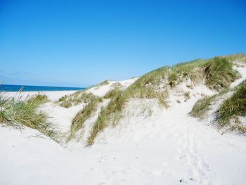 Scenic view of beach against clear blue sky