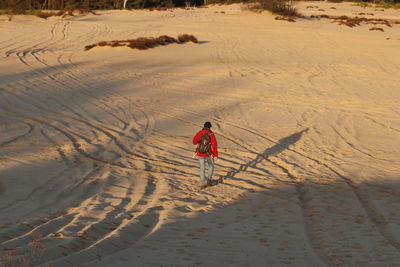 Rear view of person in snow on land