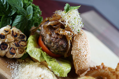 Close-up of burger on cutting board