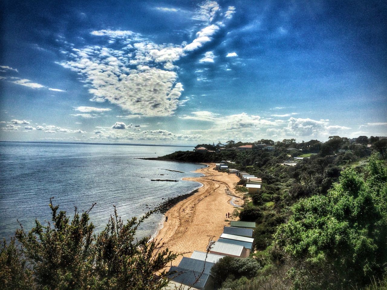 sea, water, sky, horizon over water, tree, scenics, beauty in nature, high angle view, beach, tranquil scene, blue, cloud - sky, nature, tranquility, coastline, building exterior, shore, built structure, cloud, idyllic