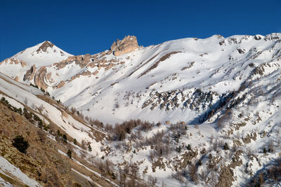 Scenic view of snow mountains against clear sky