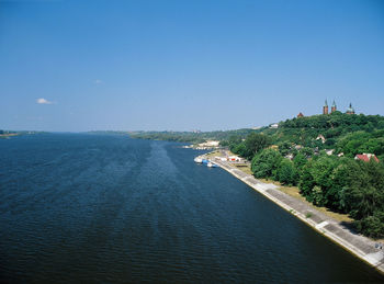 Scenic view of sea against clear blue sky