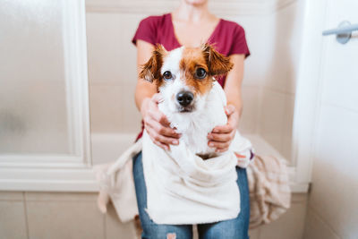 Midsection of woman cleaning dog with towel in bathroom