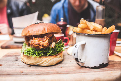 Close-up of burger on table