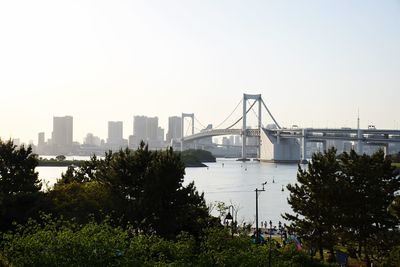 View of suspension bridge against clear sky