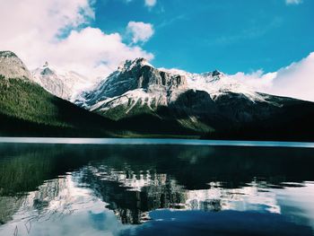 Scenic view of lake and snowcapped mountains against sky