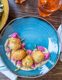 High angle view of food in plate on table