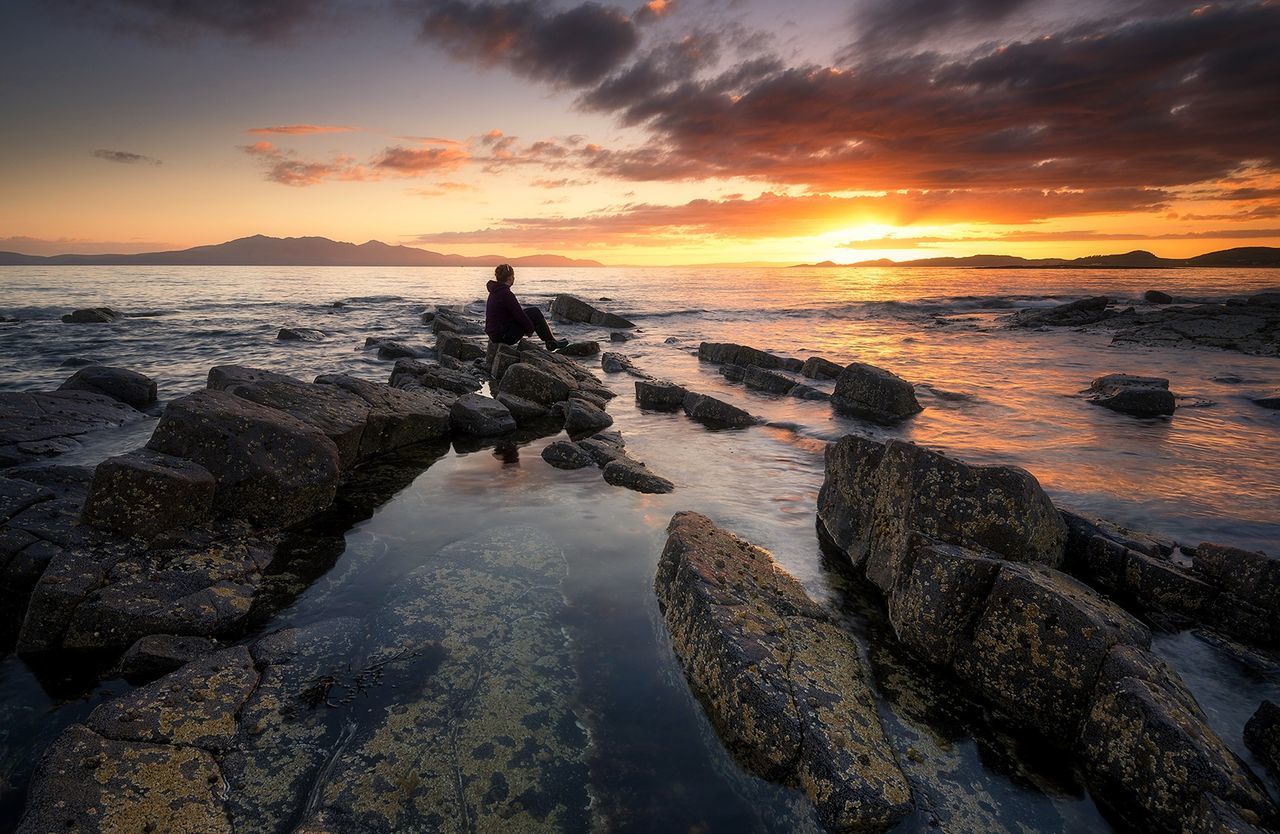 Silhouette of woman sitting on rock at beach during sunset