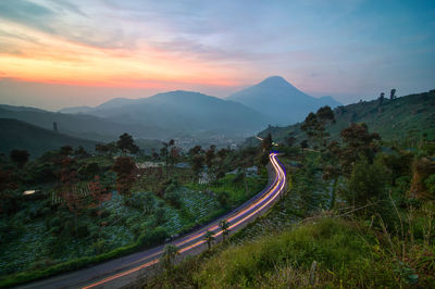 High angle view of landscape against sky during sunset