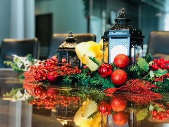 Close-up of christmas decorations on table