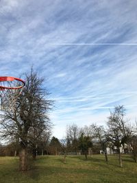 Bare trees on landscape against sky