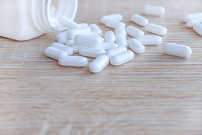 High angle view of bottles on table