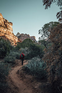 Rear view of man walking on rock against sky