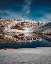 Snowcapped mountains reflecting on calm lake