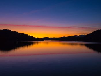 Scenic view of lake against romantic sky at sunset