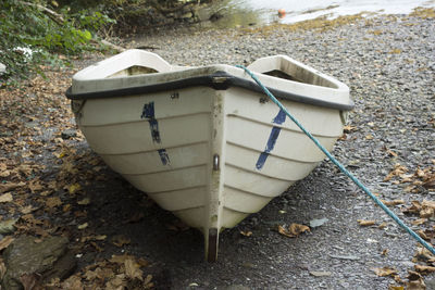 High angle view of abandoned boat on beach