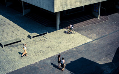 High angle view of people on street in city