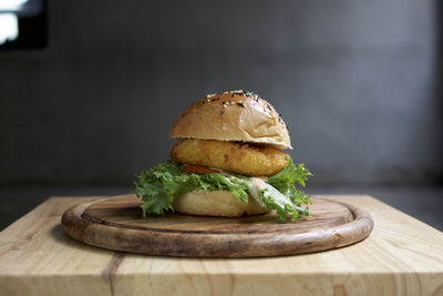 Close-up of burger on cutting board