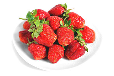 High angle view of strawberries in plate