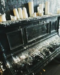 High angle view of old objects on table