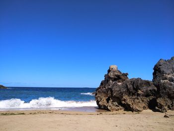 Scenic view of beach against clear blue sky