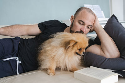 Pomeranian little fluffy dog reading book on the couch with owner