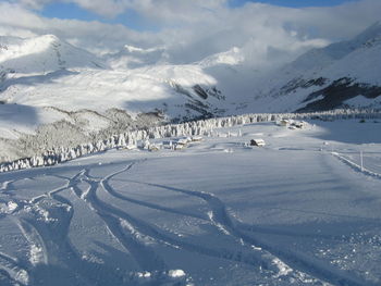 Scenic view of snow covered mountains against sky