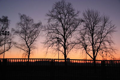 Silhouette bare trees by plants against sky during sunset