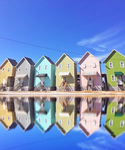 Reflection of swimming pool against clear blue sky