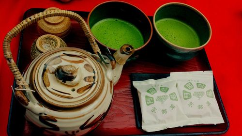 High angle view of drink on table