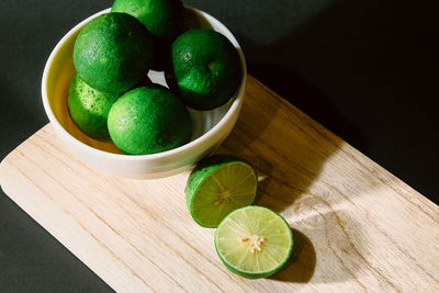 High angle view of fruits in bowl on table