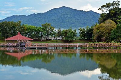 Scenic view of lake with mountains in background