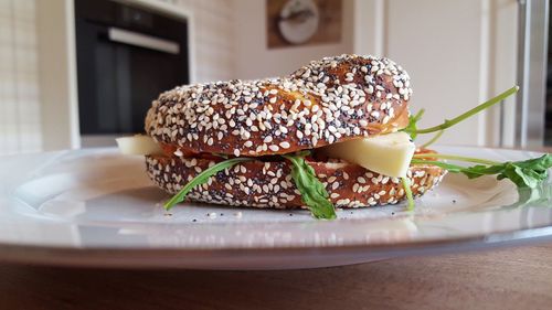 Close-up of burger in plate on table