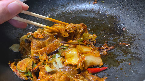 High angle view of person preparing food