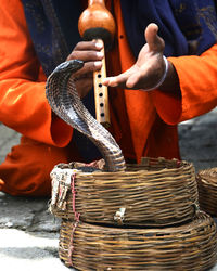 Low section of charmer playing flute by snake in basket