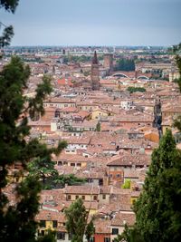 High angle view of buildings in town