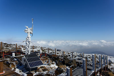 Panoramic view of snowcapped mountains against blue sky