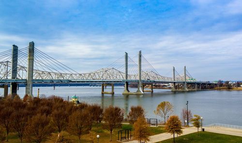 Bridge over river against cloudy sky