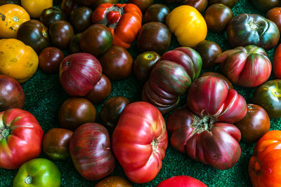 Full frame shot of various types and sizes of ripe tomatoes for sale at farmers market 