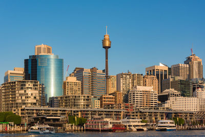 Buildings in city against clear sky